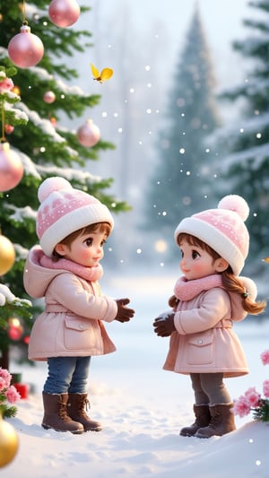 Merry Christmas style, Winter style, snow falling, snowman ⛄, Christmas flowers blooming, Two happy and cute lovely little girl and boy, looking at the world go by, high definition, pixar style, white background, full body , flowers blooming and lamps lignting bokeh as background winter style, realistic high quality, leaves falling, big eyes so cute and beautiful, under the tree have a table,  and beautiful flowers, leaves falling, Christmas tree near flowers, Turn around and look viewers , pink flowers blooming fantastic amazing and romantic lighting bokeh, yellow flowers blooming realistic and green plants amazing tale and lighting and candys full the bucket, as background,Movie Still,chibi