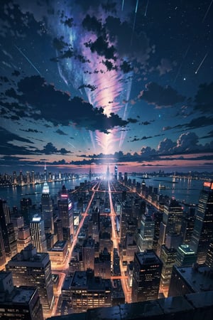 (masterpiece), scenery, new york city, cloudy, thunderstorm, lighting, night sky, night