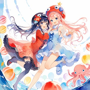 //quality
masterpiece, best quality, aesthetic, 
//Character
2girls, 
//Fashion
In the illustration, there are two girls at a summer festival in Japan, each wearing a different costume. One girl is dressed in a fluffy, red octopus costume, while the other is dressed in a fluffy, (blue squid costume:1.2). Both costumes are large, reaching down to their feet, and depict the soft and touchable appearance of an octopus and a squid, respectively. Despite being in costume, both girls are smiling brightly, enjoying the festive atmosphere around them.

(watercolor:1.2), dynamic pose, dynamic angle,