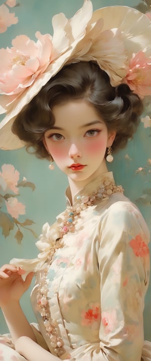 Very beautiful, perfect face, rococo masterpiece, soft colors, insanely detailed portrait beauty style Coby Whitmore, Christian Dior, Fragonard, Edmund Dulac, ball gown, jewelry, calligraphic, dainty, ornate, flirtatious pose. Delicate face, sakura fascinator, garden of delights, beautiful patterns, fairytale background.

