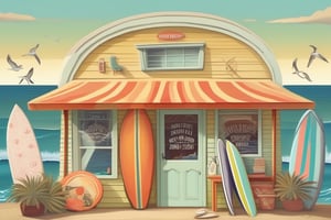 surfer shop by the sea, ocean, jane newland art style