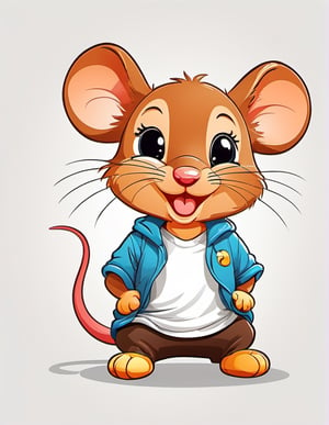 1 cartoon character ilustration, cute mouse:  a funny impression happy, there is no background image, the background is just pure white, blank background, solo, tshirt design 