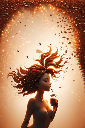 Abstraction, coffee cup, coffee scent, silhouette of girl among large fallen leaves, hair blowing in wind, orange color, very detailed, soft lighting, details, ultra HD, 8k, glitter