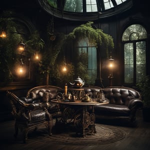 Dark room, steampunk, nature, intricate detail background, ultra quality, live light, sofa, table with tea, mystic, intricate foreground, wild nature, 