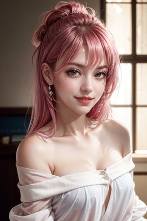 masterpiece, best quality, photorealistic, raw photo, 1girl, long hair, blouse, light smile, detailed skin, pore, off_shoulder, Realism, pink hair