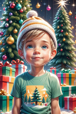 cute boy, surrounded by presents and Christmas tree, 3D, pastel, ultra hd, realistic, bright colors, vector style, illustration, sketch, high detail, t-shirt design, soft natural natural volumetric cinematic perfect light, drawing in uhd format, pen and ink, Mysterious