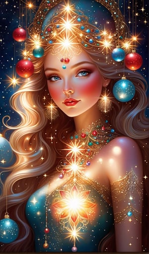 ultra close-up, ((1 santa girl)), a mesmerizing and dreamlike illustration of a celestial sweet christmas goddess surrounded by shimmering stars and cosmic energy, glass christmas balls hanging around, glowing christmas lights. This artwork embodies grace and divinity, with intricate details and a celestial color palette. Perfect for spiritual and fantasy-themed wall art, cinematic pose, dynamic. Illustrated by Daniel Merriam and Kinuko Y. Craft. side angle, sweet expression