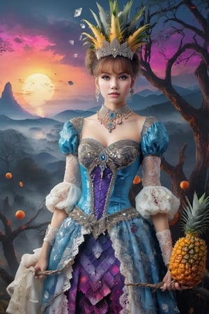 1girl, lavish outfit with elaborate decorations of diamonds, Medium shot, textured spandex emboss stretch fabric, rhinestone appliques, lace patches, flying on misty landscape, dawn, silhouettes of dead trees, dim lights, vivid color, helloween theme, pineapple everywhere, hyperdetailed artwork, highres,lis4
