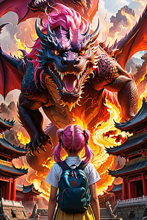 A young girl with a backpack and pigtails watches a Massive Dragon Destroying a chinese temple vilage, an epic fearsome dragon. This mesmerizing image, portrayed through a vivid painting, captures theterror  and danger of the encounter. The pink hair  gleams brightly, the fire-breathing beast. the young girl is stood in fear, reflects the intense light of the fiery backdrop, emphasizing the determination in his eyes. The dragon, exuding menace, boasts menacing scales with a teardrop of molten lava dripping from its serrated jaw. With flawless brushstrokes and remarkable attention to detail, this masterpiece engulfs viewers in the awe-inspiring clash of man versus beast. soft bokeh