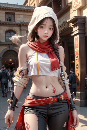 (1girl:1.3),formal dress,Oriwarrior,CUTE,streamlined mecha,sword,holding,holding a knife,realistic,solo,polearm,male focus,hood,holding weapon,dancing with a knife and a gun,kung fu,weapon,sword,(((tattoo))),smoke,looking at viewer,sheath,sleeve sword,holding weapon,cigarette,pants,scar,simple background,(single mechanical arm:1.6),(movement posture,combat posture:1.2),wind,(flying clothes:1.4),assassin's creed \(series\),((assassin hood)),(fluttering scarf),masterpiece,best quality,unreal engine 5 rendering,movie light,movie lens,movie special effects,detailed details,HDR,UHD,8K,CG wallpaper,l4tex4rmor,EDGADEPTA
,Realism,leonardo