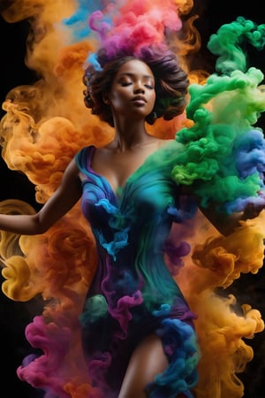 (best quality, 8K, highres, masterpiece), ultra-detailed, (portrait art, illustration), full-body zoom of a female-shaped colored sculpture made of dynamic dispersing smoke. The scene features playful body manipulations with warm and clean aesthetics, emphasizing uncommon beauty. Utilizing the rule of thirds composition, the detailed environment with strong lines enhances the overall visual impact. Vibrant and colorful smoke particles float in the air, creating a visually rich and striking figure. The well-lit scene, achieved with studio lights, maintains ultra-sharp focus and a high-speed shot aesthetic