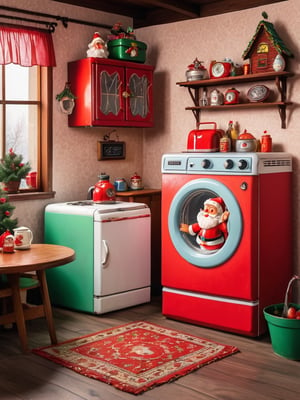 CRT television, 1980s washing machine and refrigerator, kerosene stove, retro furniture, retro interior, Santa Claus' house, Santa Claus