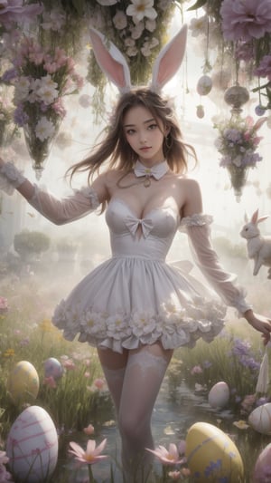 A surrealistic artwork blending fantasy and reality, featuring a Playboy Easter Bunny Girl amidst a field of floating flowers and suspended decorated eggs. The scene exudes an otherworldly charm, with the seductive allure of the bunny girl adding an unexpected and delightful twist to the whimsical composition.