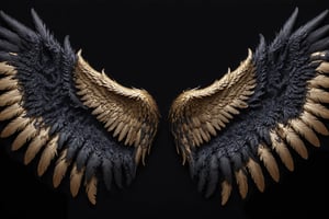 masterpiece, best quality, Arfang Photo realistic image of an angels wings black gold with feathers