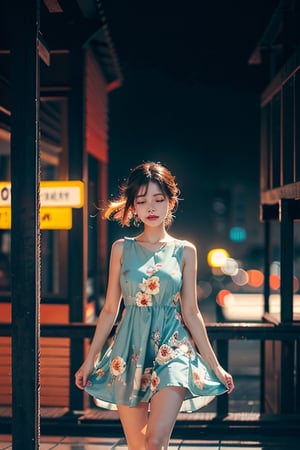 woman, flower dress, colorful, darl background,blue theme,exposure blend, medium shot, bokeh, (hdr:1.4), high contrast, (cinematic, teal and orange:0.85), (muted colors, dim colors, soothing tones:1.3), low saturation,motiontrail