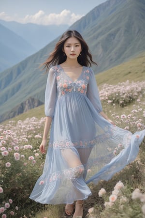 30 years old girl wear babydoll dress thin see through gown in the mountains full of flowers, hair flying in the wind, 