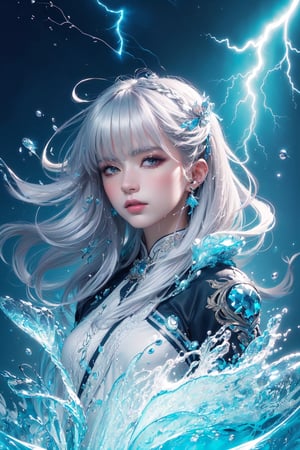 (masterpiece, top quality, best quality, official art, beautiful and aesthetic:1.2), (1girl:1.2), cute, extreme detailed,(abstract:1.4, fractal art:1.3),(silver_hair:1.1), fate \(series\), colorful,highest detailed, fire, ice, lightning, (splash_art:1.2), jewelry:1.4, hanfu, scenery, ink