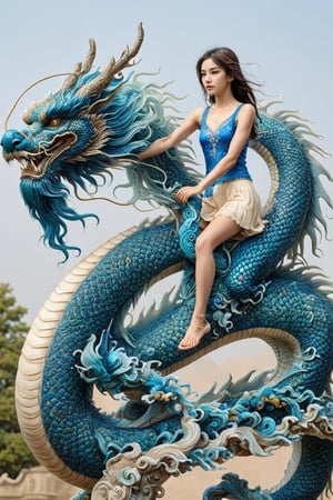 A very thin and very long oriental dragon struggling in an arabesque pattern.
Beautiful girl riding on the back of a blue dragon

only asian dragon, Ultra close-up photography, Ultra-detailed, ultra-realistic, full body shot, Distant view, , oriental dragon