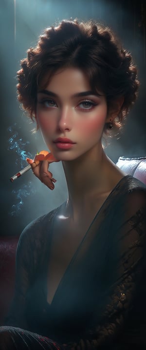 Ultra detailed digital art masterpiece, , mysterious fairy white woman sitting with red ruby diamonds, smoking cigar, Mafia style , thousand ruby diamonds, old leather couch 1920 old backroom, cigar smoke , marble reflection, Tom Bagshaw, Anne Bachelier, mixed with dark elements, dark environment, very dark night , clean dark velour fairy clothing , no make up, natural face, nose piercing, abstract , big shiny eyes, ultra detailed atmospheric details, beautiful glowing effects , sparkle effects , realistic body proportions , beautiful face proportions, complex masterpiece, wild hair style, creative glowing detailed tattoos, complex physics, enhanced colors, complimentary colors, ultra detailed raytracing reflections, Ultra detailed complex background, environment feels alive, direct eye contact, 8l resolution , ,han-hyoju-xl,minsi