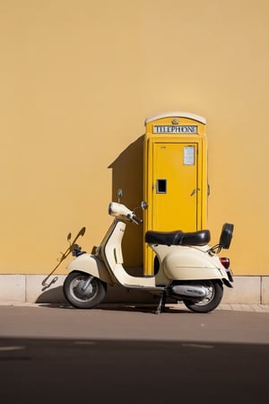 Generate a charming scene featuring a yellow vintage-style scooter parked in front of an aesthetic wall, adjacent to a yellow telephone box, illuminated by the warm sunlight. Envision a composition that exudes retro charm and vibrant colors, with tree shadows casting bokeh-like effects on the wall.

Vintage Yellow Scooter: Picture a classic yellow scooter with retro design elements, parked elegantly in front of the aesthetic wall. Capture the details of its sleek curves and chrome accents, evoking nostalgia for a bygone era.

Aesthetic Wall and Telephone Box: Surround the scooter with an aesthetic wall adorned in vibrant colors or artistic graffiti, complemented by a yellow telephone box nearby. Highlight the contrast between the vintage elements and the modern urban backdrop.

Warm Sunlight Illumination: Illuminate the scene with soft, warm sunlight, casting a golden glow over the scooter, wall, and telephone box. Enhance the atmosphere with the gentle play of light and shadow, creating a sense of warmth and nostalgia.

Tree Shadows Bokeh Effect: Create a bokeh-like effect on the wall with tree shadows, adding depth and texture to the composition. Let the dappled light dance across the surface, enhancing the vintage ambiance of the scene. , ,photorealistic,Masterpiece,photo r3al
