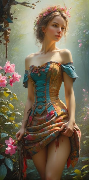 art by Mandy Disher, digital art 8k, Jean-Baptiste Monge style, art by cameron gray, masterpiece, best quality, high quality, extremely detailed CG unity 8k wallpaper, scenery, outdoors, sky, cloud, 

(((Nude))) young russian beauty as Spring maid, strapless stockings,
rich Sunbeams,  garden with blossoming, Sakura flowers and bougainville,    mystical, dreamy, rococo detailed, intricate,   mannerism , muted colors, masterpiece, high quality,flat chested

4k UHD, dark vibes, hyper detailed, vibrant colours forest background, epic composition, octane render, sharp focus, high resolution isometric, Photorealistic, trending on artstation, trending on CGsociety, Intricate, dramatic, art by Razumov and Volegov, art by Carne Griffiths and Wadim Kashin rutkowski, hyperrealism painting,

in the style of esao andrews, aesthetic portrait,flat chested,skirtlift