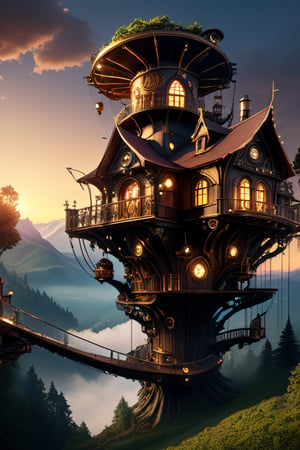 (steampunk, covered with valley, community of fairytale treehouses, matte painting, highly detailed, dynamic lighting, cinematic, realistic, photo-realistic, sunset, high contrast, denoising), Detailed textures, high quality, high resolution , high precision, realism, color correction, proper lighting settings, harmonious composition, Behance works, steampunk style, DonMF43XL