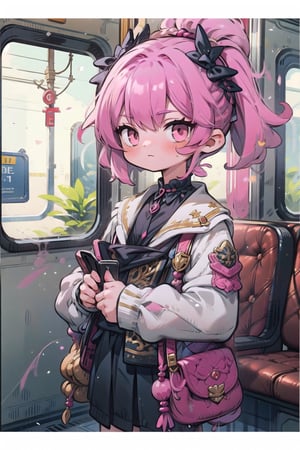 (masterpiece), 1girl, pink hair, train interior