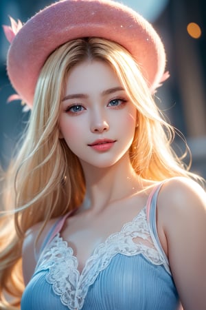 (best quality,4k,8k,highres,masterpiece:1.2),ultra-detailed,(realistic,photorealistic,photo-realistic:1.37),portraits,beautiful detailed eyes,beautiful detailed lips,extremely detailed eyes and face,longeyelashes,1girl,blonde hair, pink hat,blue shirt,smiling expression,natural light,soft shadows,fine texture,subtle colors,gentle background,subtle highlights and shadows,vibrant colors,feminine features,lively pose,serene atmosphere