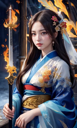 (Masterpiece, Top Quality, Best Quality, Official Art, Ethereal, Beauty & Aesthetics), Cute, Extremely Detailed, Abstract, Fractal Art, Black Hair, Long Hair, Destiny Series, Colorful, Most Detailed, Fire, Ice, Lightning, Jewelry, black gold Hanfu, landscape, ink, (ink line: 1.1), holding a sword, very detailed sword, 4k, sunlight, high detail, Hori