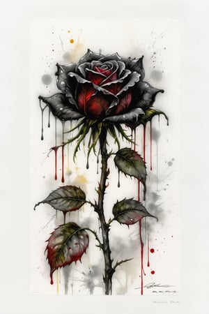 Cinematographic, masterpiece. Using a mixed media approach combining oil paint, pen and ink, and alcohol ink, this artwork shows ((a beautiful black rose:1.2) on grungy white background with red splashes , 8k, Gabriele Dell'otto, Bob Peak, bright saturated colors, watercolor, algae paintings oil, HDR, 500px ,more detail XL, ebsonya,rebhanna,rebemily