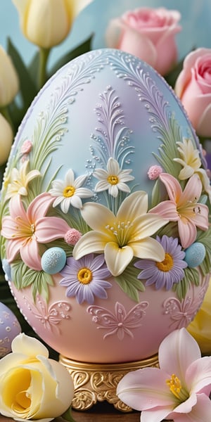 The Easter egg is adorned with an intricate design featuring roses, daisies, and lilies in pastel shades of pink, yellow, and lavender. The flowers are meticulously detailed, with shimmering dewdrops adding a touch of realism. The background is a soft, pale blue, enhancing the beauty of the floral motifs. The overall effect is one of exquisite beauty, capturing the essence of springtime and the joy of Easter.