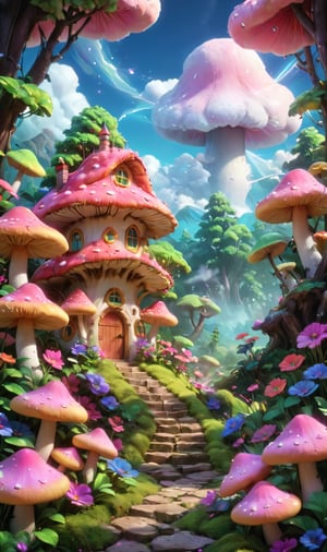 64k, painting, oil, (RAW), masterpiece, masterpiece, dream forest, summer pink mushroom house, marshmallow clouds, magic flowers, enchanting beauty, fairytale art style, volumetric lighting effects, high detail, Unreal 3D digital art, 90s animation inspiration, Sailor Moon HD quality, soft pastel colors, ethereal atmosphere, detailed textures, magical ambiance, glittering light rays, serene landscape, fantasy flora and fauna, immersive environment, nostalgic yet advanced art technique, vibrant and luminous scene  highest resolution,3D Render Style,3DRenderAF