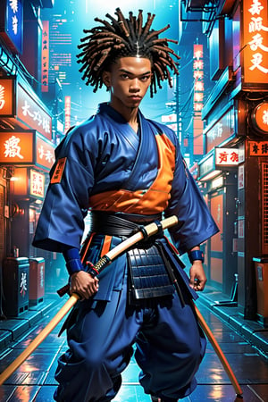 ((Character: 1 man, 20 years old, afro-american:1.4, short hair, dreadlocks, calm expression, strong body:1.3)), (Clothing: Kendo Gi:13, Hakama:1.3), (Pose: full body:1.3, combat stance, holding a bo:1.2),
(Background: dense cyberpunk street, dive bar, neon holograms in background, dark, ominous, foggy, night, futuristic city, cyberpunk, orange color scheme), (Style: 150mm, beautiful studio soft light, rim light, bright details, luxury cyberpunk, hyperrealistic, anatomical, facial muscles, octane render, H. R. Giger style, 8k, best quality, masterpiece, illustration, extremely detailed, CG, unity, absurdres, incredibly absurdres, photo-realistic:1.37, amazing, fine detail, masterpiece, best quality, official art, vibrant colors)),Enhanced All,ghibli,cyberpunk style