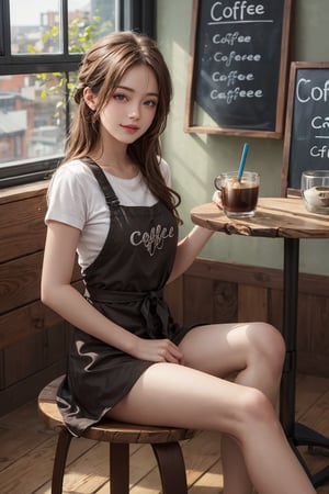 absurdres, highres, ultra detailed,(1girl), BREAK ,(Sit on a chair in a coffee shop and have a drink),cake on the table,(cute coffee shop:1.5),menu on the wall,(prity smail),close the legs 