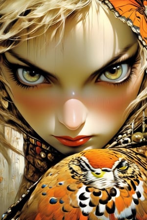 an angled, extreme close up on eyes, ed hardy tatoos bold flat colour, detailed eyes, eye highlight, A charming character, bold, edgy, ethereal, immaculate composition, brian viveros, jean-baptiste, monge, dynamic pose, dynamic light and shadow, 8k resolution, digital art, anish women, peacocks, tiger stripes, orange cockatoo, fashionistas, baroque style, art by sergio toppi, art design by sergio toppi, tattoo by ed hardy, shaved hair, neck tattoos by andy warhol, heavily muscled, biceps, glam, women, military poster style, , more detail XL, close up, Oil painting, 8k, highly detailed, in the style of esao andrews, Vogue style, GARTERBELT, g string, , 3d style,close up