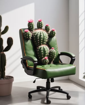Crea una imagen hiperrealista de una silla gamer que incorpore elementos de cactus en su diseño, con espinas suaves y una cubierta transpirable que refleje la robustez de la estructura de los cactus