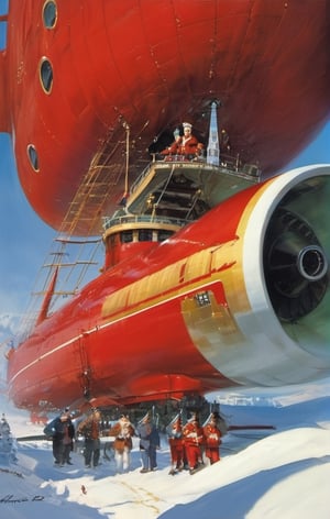 Santa's huge red base in the North Pole bells, tinsel, sails, turrets, sleigh landing pads, ultra quality, highly detailed, art by john Berkey, art by chris foss,