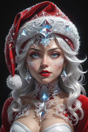 crystal santa girl head with lots of fractal clefts, santa girl wear santanred hat, white background, highly detailed, realistic, 8k, in frame