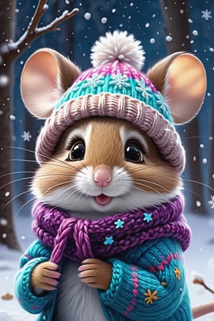 fantasy's cutest, fluffiest Disney creddy brown mice, wears colorful warm clothes and a knitted hat pale background, it is snowing gently in the moonlight reflections in the winter forest, swirls of fantasy snowflake particles, 8k