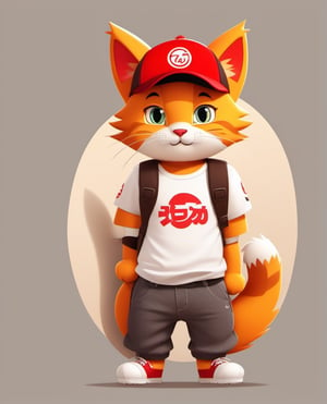 1boy, animal ears, backpack, bag, baseball cap, cat, furry, furry male, hat, looking at viewer, male focus, pants, shirt, shoes, short sleeves, simple background, solo, standing, tshirt design, whiskers