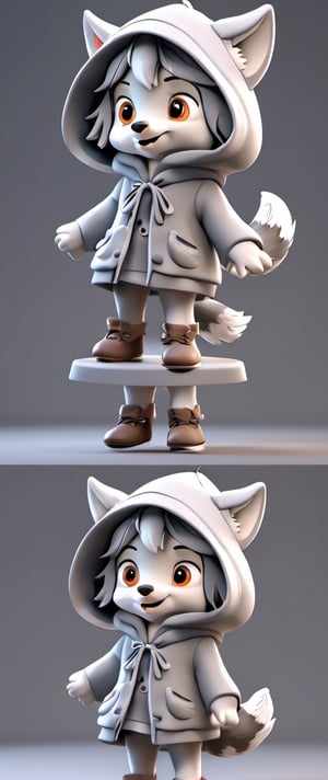 little gray wolf charakter, multiple poses and expressions, 100% white bacground, children's book ilutration style, simple, cute, full color, 3d model, no shoes, gray hat, gray hooded dress, gray clothes, full color. --no outline
