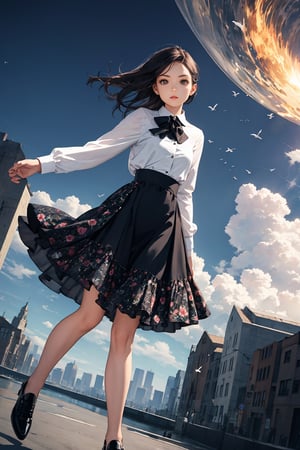 masterpiece, ultra high res, absurdres, (photo realistic),
A young female fashion model, BREAK,
(silk blouse:1.2), (flower print skirt:1.1), flat shoes,
(dynamic pose:0.7),
simple background,dutch angle,