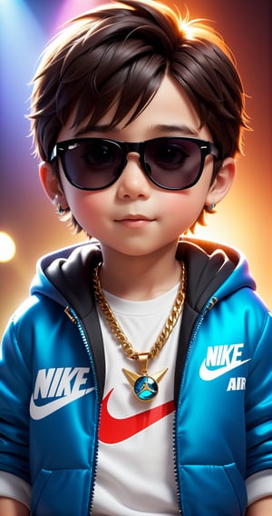 Cute  little boy, Pixar style, (wearing nike air jordan sneakers:1.2) with sunglasses, decoration big chain with pendant, at the party, light and laser beams, ,high resolution, super detail , quality, 