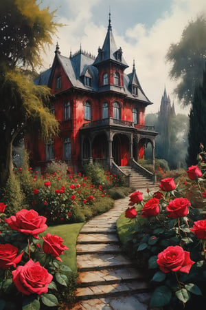 Cinematographic, masterpiece. Using a mixed media approach combining oil paint, pen and ink, and alcohol ink, this artwork shows ((an old gothic mansion:1.2) with a huge flowerbed in front ((filled with beautiful red roses) 8k, Gabriele Dell'otto, Bob Peak, bright saturated colors, watercolor, algae paintings oil, HDR, 500px ,more detail XL, ebsonya,rebhanna,rebemily