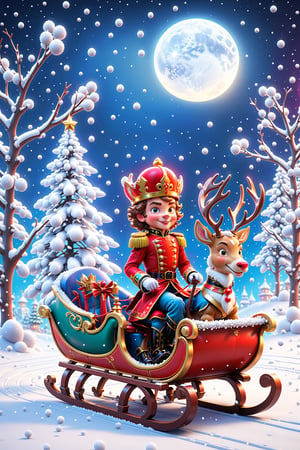 one Handsome young Prince with nutcracker outfits riding a beautiful Sleigh with 4 reindeers flying from the midway toward the garden in 3D Disney pixels with snowy floor , moonlif snow, snow falling scenes,ral-chrcrts