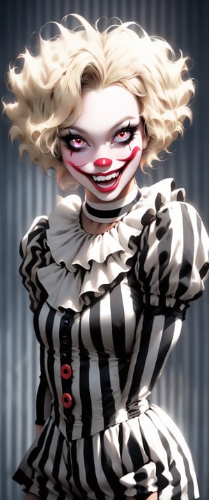 a seductive blonde woman clown with red eyes in a white and black striped outfit, with a crerpy smile, dark and mysterious background . Full_body, ,aw0k magnstyle