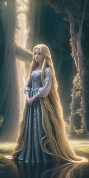 Ultra detailed illustration of a girl lost in a magical world full of wonders forest, highly detailed, digital art, art by Mschiffer, night, dark, 1girl,Holy light,1 girl, a girl named Rapunzel, (4 meters long hair:1.3), (glowing hair, luminesence blonde hair:1.2), ,rapunzel, full body shot, long legs