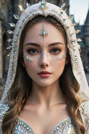 (masterpiece, 8k, RAW, ultra realistic),(she is standing with her body at an angle),20yo, sharp jaw line,thin smile,sorrel long hair, flowy hair, beautiful detailed green eyes, Eyes that shine enchantingly,shiny lips, realistic detailed clear white skin,(Wearing a white  Venetian mask for a masquerade), (she wearing black hood), she's body is equipped with crystal armor, A golden hair ornament studded with emeralds,The background is the  princess palace,3 point lighting,perfecteyes,glitter,highres