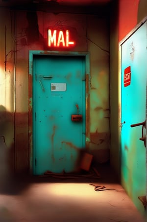 (red light alarm at right side), glowing exit sign at top,more detail XL, slighty damaged and rusted metallic wall and door, graffiti on wall , rusty yellow box at left side on wall,metallic exit door at front , overexposed cyan color light  flashing at bottom half,photorealistic,photo r3al,more saturation ,mail letters of floor, 