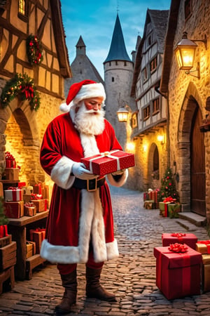 (best quality), (4k resolution), creative illustration of a cute santa claus preparing gift at medieval era, ((medieval city:1.2)) , europe vibes